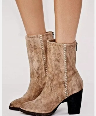FREE PEOPLE Silk City Distressed Suede Mid Calf Boots Heel Back Zip Size 38 8 - Image 1 of 4