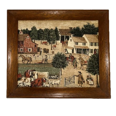 Vintage KayDee Farm Scene on Linen Picture Rare Barn Horses Cows Farming Rural - Image 1 of 4
