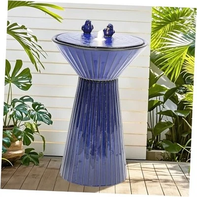 Fuente Exterior Cerámica 28" Alto y Baño para Pájaros Cerámica Azul Cobalto 28"h Foto 1 de 4