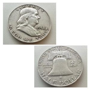 Moneda de medio dólar de plata vintage 1958 D Benjamin Franklin Liberty Bell de Estados Unidos - Imagen 1 de 14