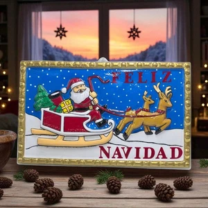 Vintage Feliz Navidad Plastic Sign MCM Kitch Santa Reindeer 3D - Picture 1 of 8