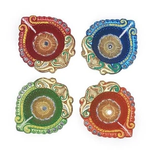 Handmade Terracoaat Set of 4 Multicolor Premium Deep Clay Diya for - Picture 1 of 7