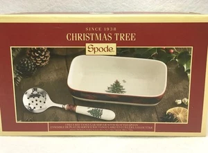 New NIB Spode TARTAN Christmas Tree CRANBERRY SERVER w/ Slotted Spoon #17-xm - Picture 1 of 4