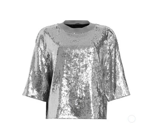 All saints Large Crewneck Drop Shoulder Elbow Length Sleeve Silver Sequin Shirt - Picture 1 of 24