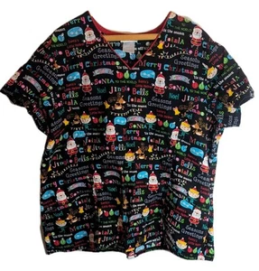 Scrub Star Christmas Nurse Scrub Top Santa Elf Reindeer Greetings Size 2X XXL - Picture 1 of 8