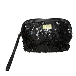 BETSEY JOHNSON Luv Betsey Black Heart Sequin Make-up Cosmetic Bag Pouch w/Strap - Picture 1 of 9