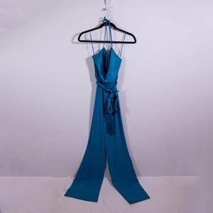 NUEVO Mono Jersey Alice + Olivia Primrose Capucha Cuello Halter Satinado Azul Océano 2 - Imagen 1 de 6