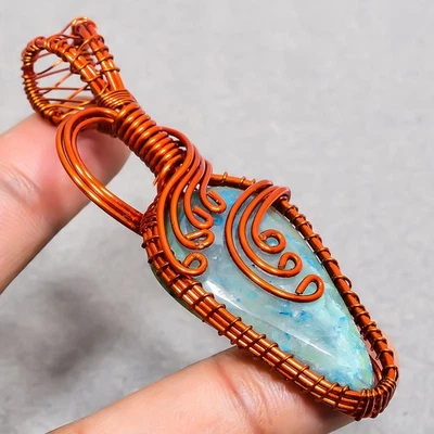 Кулон ювелирный из медной проволоки ручной работы с драгоценными камнями хризоколла 3 дюйма SR 1793 - Изображение 1 из 4