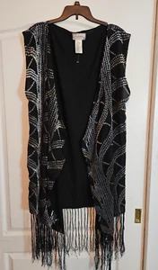 NEW Free People Sleeveless Fringe Draped Kimono Black/Silver Velvet Accents OS - Picture 1 of 4