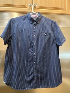 RICKY SINGH DENIM & FLOWER SHIRT SHORT SLEEVES NAVY W/DOTS SLIM FIT LG 15.5-16" - Picture 1 of 7