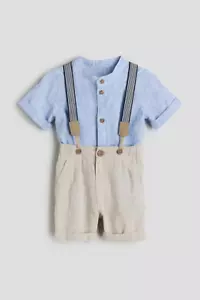 New H&M Baby Light Blue Beige 2-piece Linen Shirt Shorts set with braces 12-18M - Picture 1 of 11