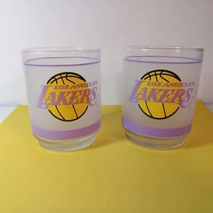 Set of 2 Vintage Los Angeles Lakers Frosted Glasses Mobil ROCKS GLASSES  - Picture 1 of 7