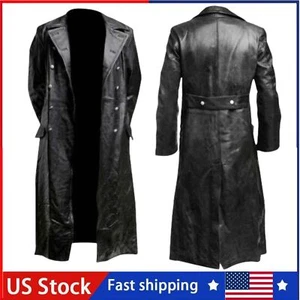 German Classic WW2 Military Officer Long Coat Black Leather Trench Uniform - Picture 1 of 7