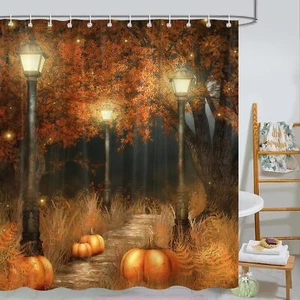 72"x72" Fall Thanksgiving Shower Curtain Autumn Pumpkin Halloween Brown Tree - Picture 1 of 6