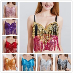 Sequin Bra Tank Tops Cropped Vest Tassel Lingerie Bustier Strap Clubwear Glitter - Picture 1 of 26