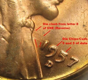 1957-D LINCOLN WHEAT CENT,  DIE CHIPS 9 and 5 ~ Die Clash obv ~ ERROR BU COIN - Picture 1 of 4