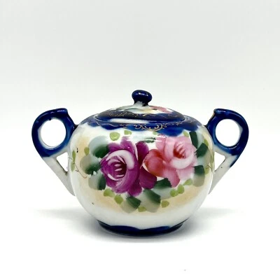 Azúcarero vintage azul y dorado rosa floral pintado a mano hecho en Japón usado en excelente estado Foto 1 de 4