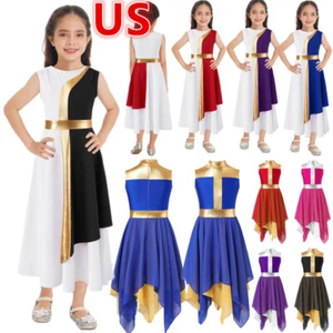Kinder Mädchen ärmelloses Lobpreis Tanz Kleid Metallic Farbblock Gottesdienst Kleid - Bild 1 von 101