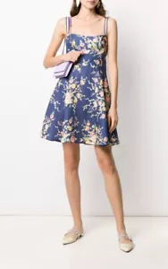 ZIMMERMANN Zinnia Mini Dress Floral Roses Bouquet Cobalt Blue Resort Linen AU1-S - Picture 1 of 22