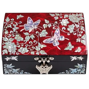 MADDesign Mother of Pearl Jewelry Ring Earring Box Butterflies Design red - Picture 1 of 8
