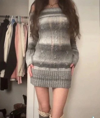 dkny women’s off the shoulder striped sweater dress size small - Image 1 of 4