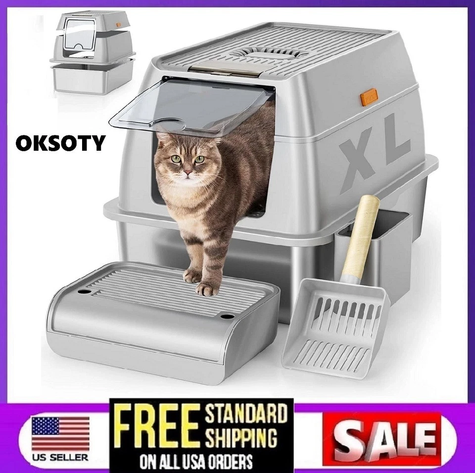 Ящик для кошачьего туалета из нержавеющей стали с крышкой, XL очень большой металлический поддон серый - Изображение 1 из 4