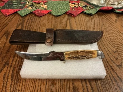 20 世纪 40 年代/60 年代 Case Stag 手柄固定刀片刀,带皮革鞘,VG 二手 cond. — 第 1/4 张图片