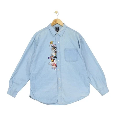 Vintage Warner Bros Denim Shirt Mens Size L Blue Embroidered Cartoon - Image 1 of 4
