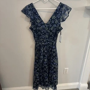 Kensie Flutter Sleeve Floral Embroidered Navy Green  Maxi Dress Size 12 NWT - Picture 1 of 4