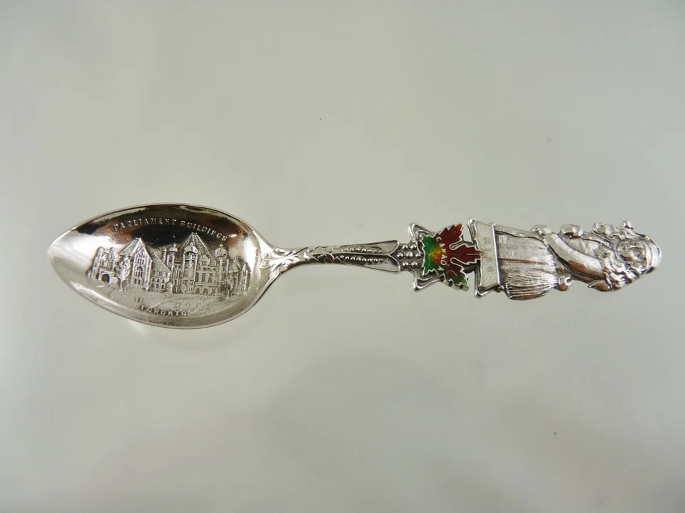 CUCHARA DE RECUERDO ESTERLINA Y ESMALTE MISS CANADA FIGURA TOP TORONTO POR ELLIS & CO Foto 1 de 1