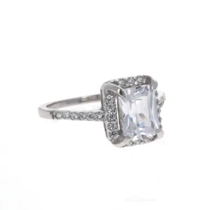 Emerald Cut Sterling Silver Ring White Gold Rhodium Finish Cubic Zirconia Stones - Picture 1 of 2