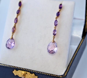 9ct Yellow Gold Amethyst Briolette Long Drop Faceted Earrings pierced 2.30 grams - Picture 1 of 4