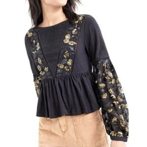 Anthropologie Neale Peplum Top Size M Black Sequined Embroidered Ballon Sleeves - Picture 1 of 12