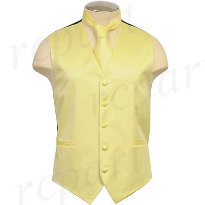 New Brand Q polyester formal Men's Vest Tuxedo Waistcoat & Necktie light yellow - Image 1 of 4