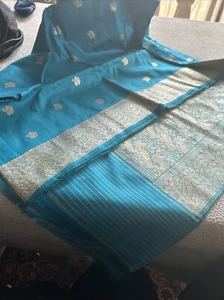 Vintage Banarasi Seidensari Sari Blau Gold 44 X 100 - Bild 1 von 8