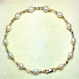 14k solid y/gold natural freshwater white Pearl bracelet 7 inches lobster claw - Picture 1 of 8