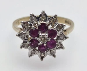 9ct Yellow Gold Ring Round Ruby & Diamond Stones 375 Hallmarked Ring Size N 1/2 - Picture 1 of 13