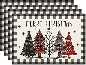 Christmas Placemats Set of 4, 12X18 Inch Buffalo Plaid Xmas Trees Table Mats, Se - Picture 1 of 12