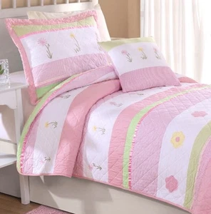 TARA STRIPE PINK 2pc Twin QUILT SET : GIRLS FLOWERS GINGHAM COVERLET - Picture 1 of 2