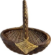 Vintage Melon Flat Bottom Hand Woven Basket Braided Weaved Handled Brown