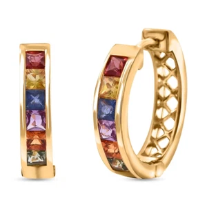 Premium Rainbow Sapphire 1.60 ctw Hoop Earrings in Vermeil Gold Over Silver - Picture 1 of 5