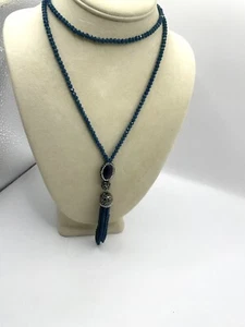 Teal Blue Crystal Beaded Tassel Necklace W/ Marcasite & Crystal Accents Long - Picture 1 of 6