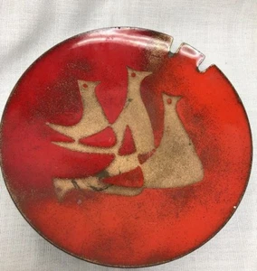 Vintage Red Enamelware Ashtray with Golden Birds - Picture 1 of 5