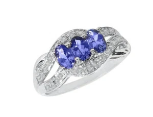 Natural Tanzanite and Diamonds 14k White Gold Three Stones Engagement Ring - Picture 1 of 3