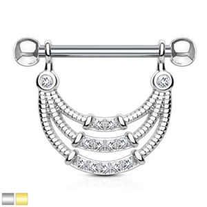 Triple Lined CZ Centre Nipple Ring / Shield 316L Surgical Steel Barbell - Picture 1 of 5