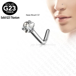 G23 Solid Titanium L-Bend with 3mm Heart CZ Prong Set Nose Ring Stud 20G 18G - Picture 1 of 2