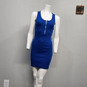 Guess Los Angeles Mini Tank Dress Medium Retro Y2K Blue Rib Knit 1/4 Zip Logo - Picture 1 of 9