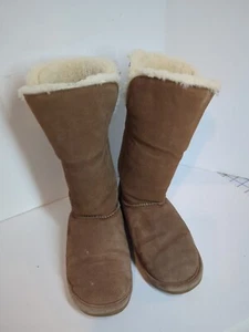 BearPaw Brown Suede Lori Boot, Sheepskin Lining, Women Sz 8, 12" Tall - Picture 1 of 7