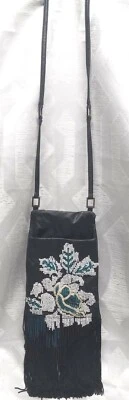 80s Cache Fringe Floral Beaded Crossbody Black Turquoise White 18" strap - Image 1 of 4