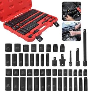 49PC 3/8" Deep & Shallow Impact Socket Set 6-Point Standard SAE & Metric Sockets - Picture 1 of 16